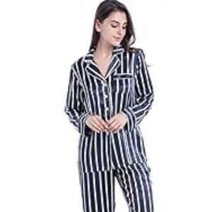 Serenedelicacy Women's Satin Pajama Set Long Sleeve Button Down Striped Silky